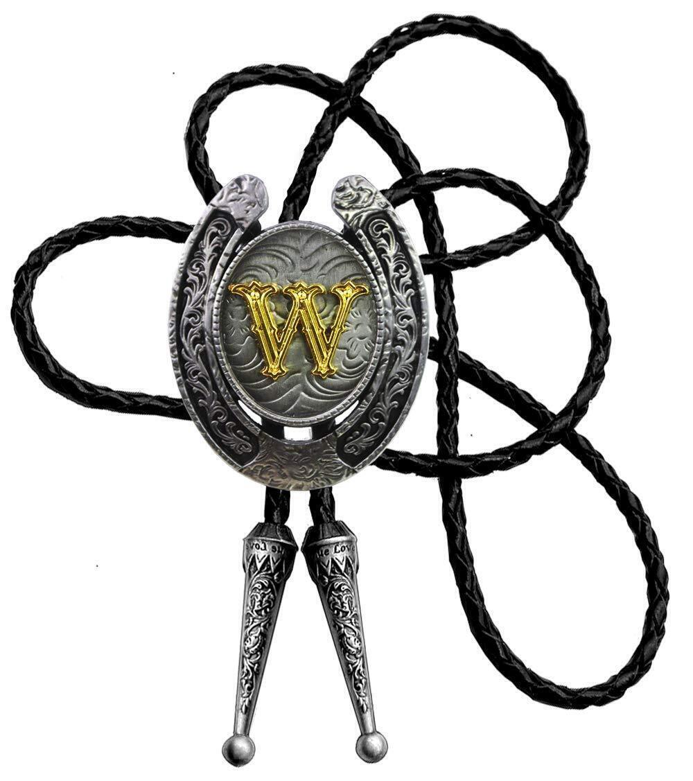 9248 Bolo Tie Golden Initial Letter A to Z In Western Cowboy Horseshoe